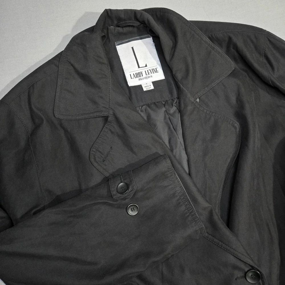 Vintage Larry‎ Levine Trench Coat Medium Black Double Breasted Belted Microfibre